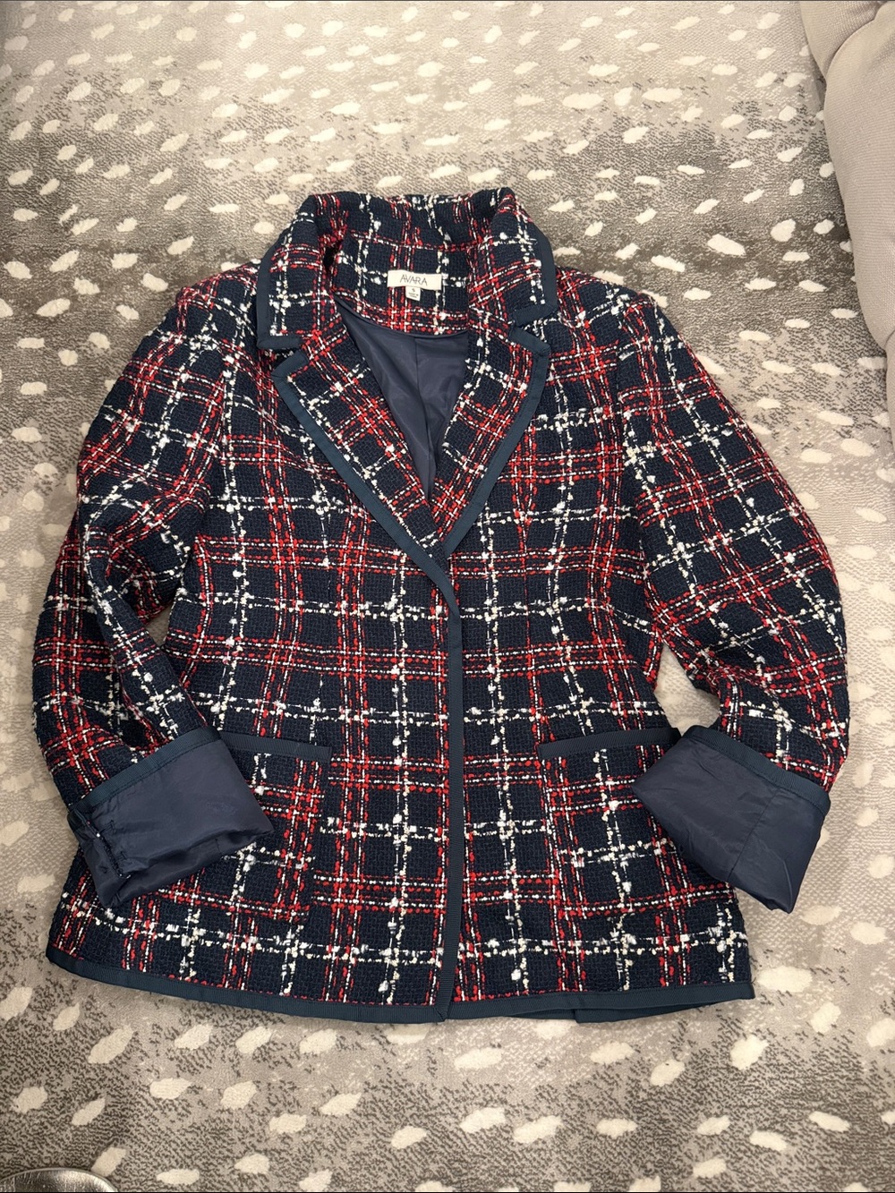 Avara Navy Red Plaid Tweed Blazer Jacket